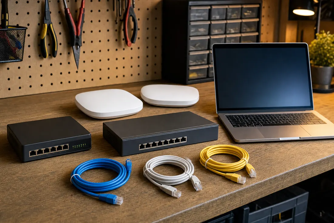 Assorted networking equipment laid out on a workbench ready to be configured