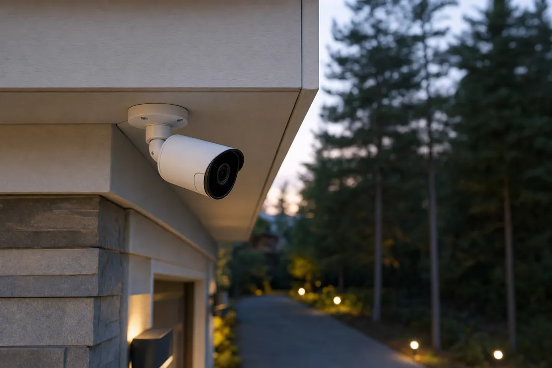 A security camera cleanly mounted under the eave of a building at dusk