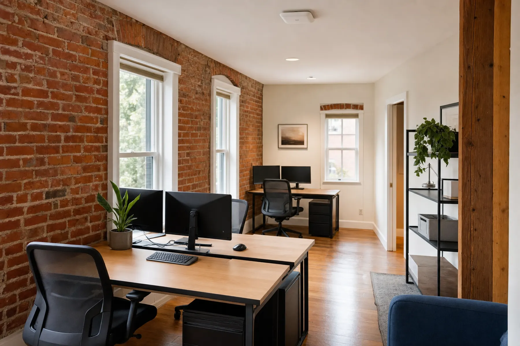 A small professional office with desks and a discreet ceiling access point