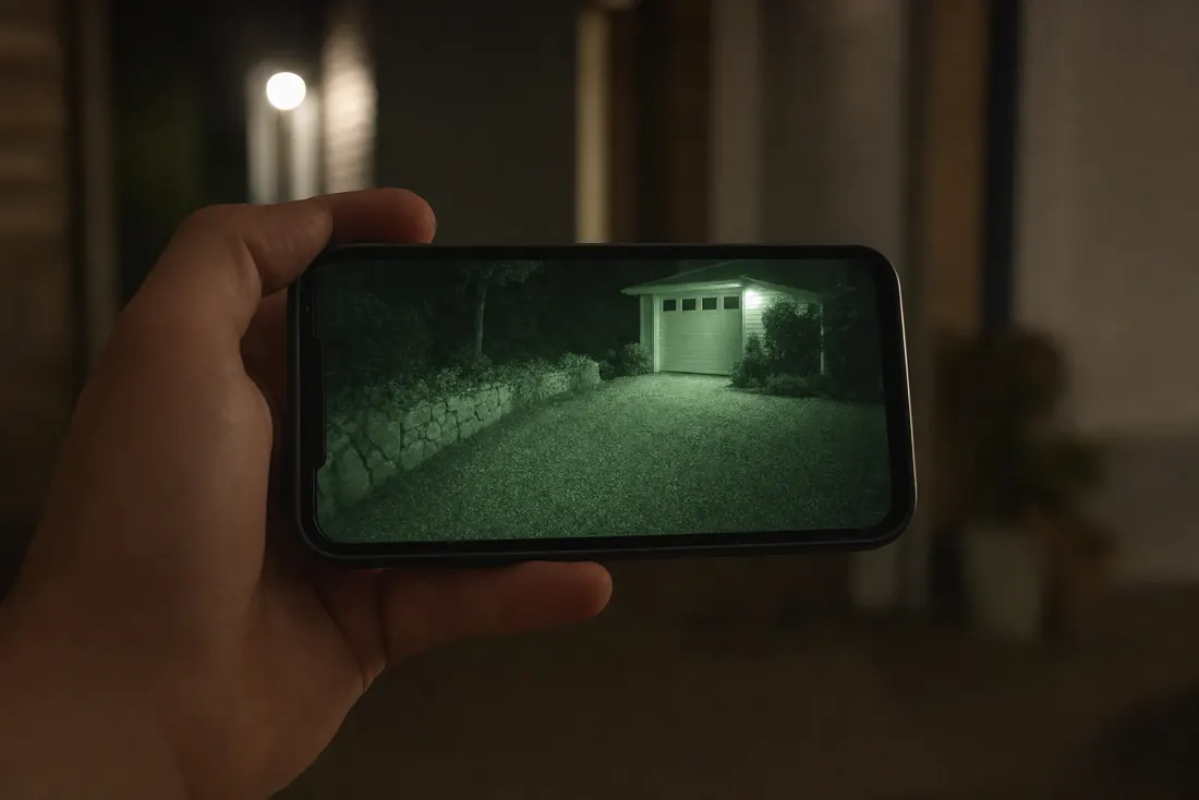 A phone showing a night-vision camera view of a driveway and garage