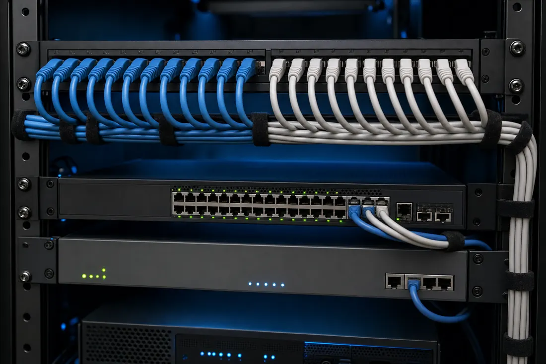 A neatly cabled network rack with a patch panel, switch, and gateway
