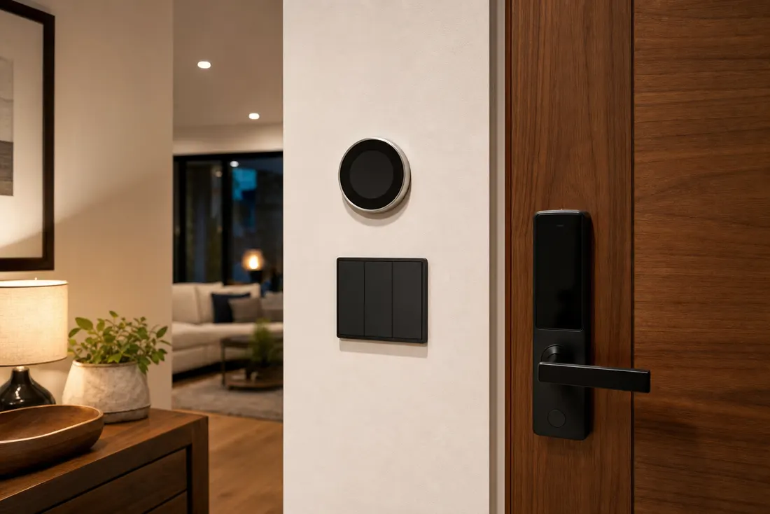 A smart thermostat, smart switch panel, and smart lock installed in a home entryway