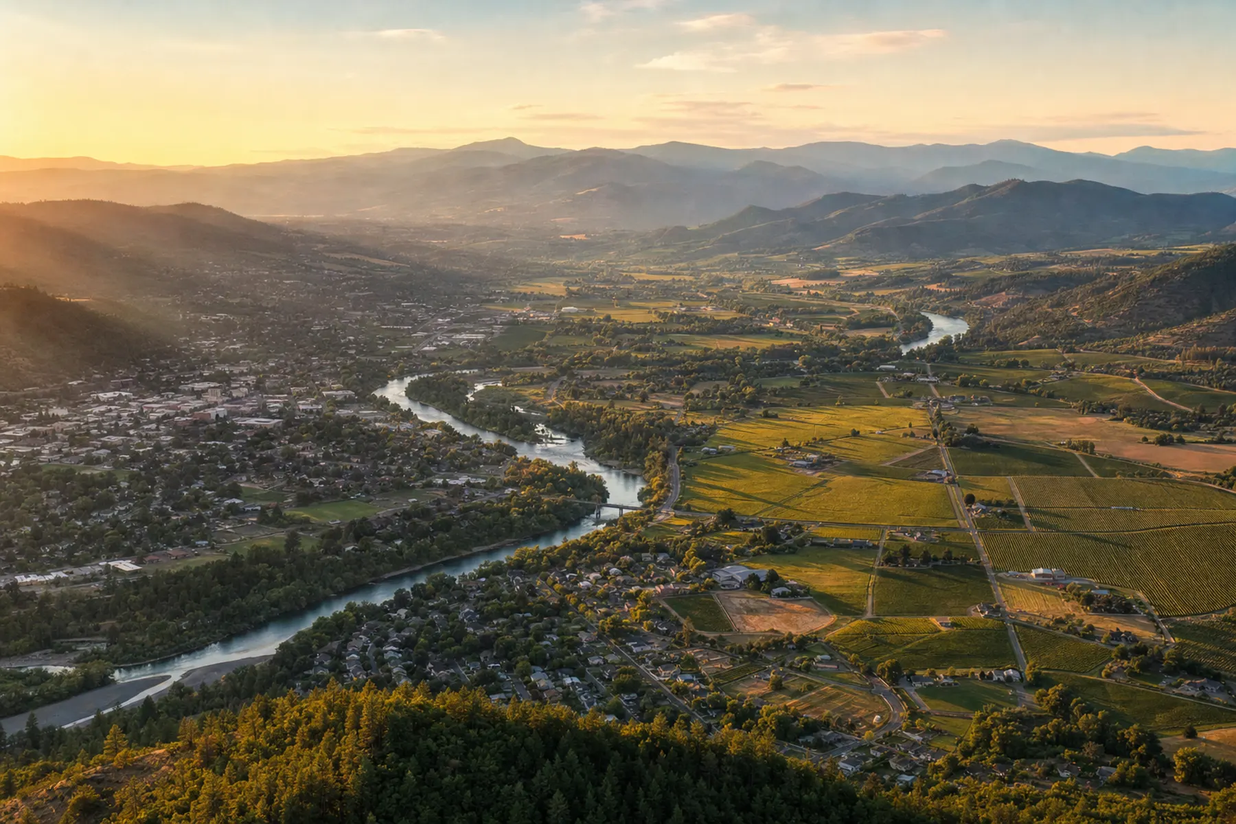 Aerial view of the Rogue Valley near Grants Pass, Oregon at golden hour