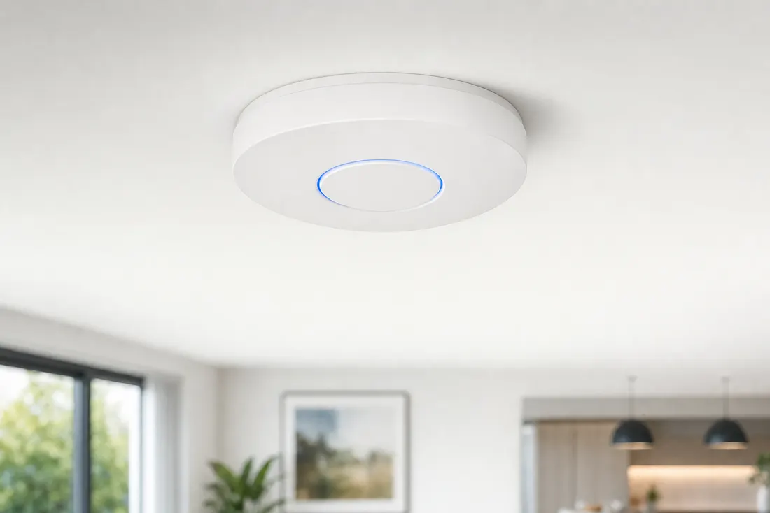 A ceiling-mounted wireless access point installed flush in a home ceiling